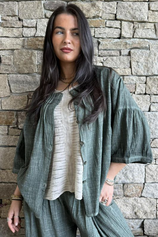 Loom & Thread Pin Tuck Blouse Washed Moss /40=